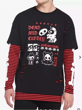 Skelanimals Ripped Black Red Striped Long Sleeve Shirt Dead and Cuddly Mens 2X